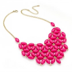 Necklace - Shiny gold colour bright fuchsia pink flower...