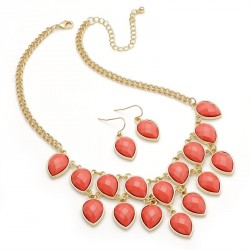 Necklace & Earring set - Gold colour peach colour tear...