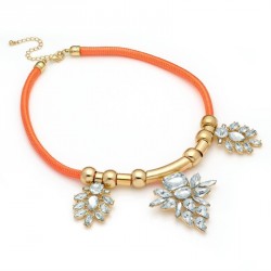 Necklace - Gold colour clear bead and orange cord...