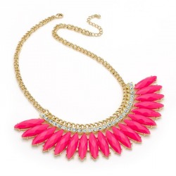 Necklace - Shiny gold colour crystal, bright pink spray...