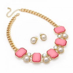 Necklace & Earring set - Shiny gold colour crystal pink...