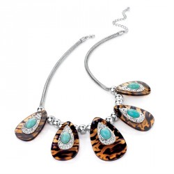 Necklace - Rhodium effect turquoise and tortoise shell...
