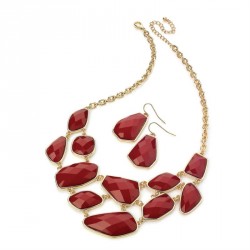 Necklace & Earring set - Shiny gold colour red bead chain...