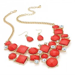 Necklace & Earring set - Gold colour crystal red bead...