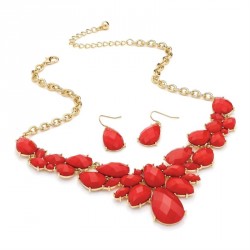 Necklace & Earring set - Shiny gold colour red tone bead...