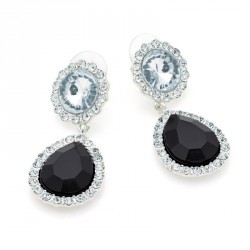Earring - Silver colour crystal and black bead oval...
