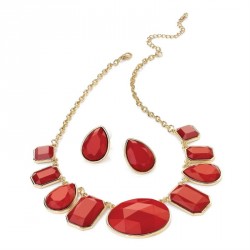 Necklace & Earring set - Gold colour red bead chain set...