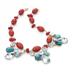 Necklace - Gold colour turquoise and coral effect bead...