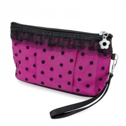 Bag - Fuchsia pink colour black lace effect make up bag....