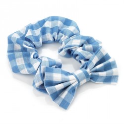 Scrunchie - Light blue gingham print bow elastic hair...