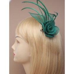 Fascinator Clip & Pin - Green Flower and feathers mesh...