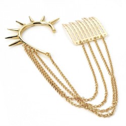 Earring - Gold colour stud look ear hook with chain...