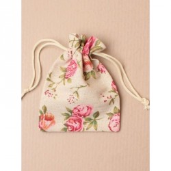 Floral rose print drawstring linen gift bag pouch