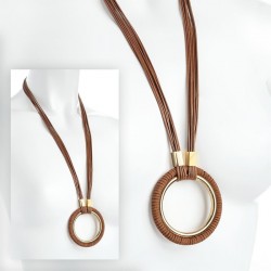 Necklace - Gold colour brown cord round pendant necklace....
