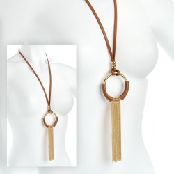 Necklace - Gold colour brown chain tassel necklace. -...
