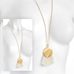 Necklace - Gold colour chain disc and cream tassel...