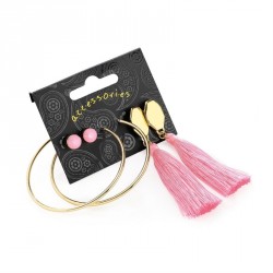 Earrings set - Gold colour stud, hoop and pink tassel...