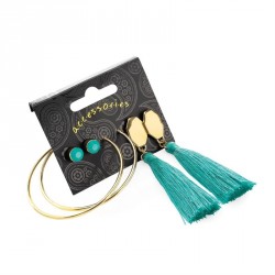 Earrings set - Gold colour stud, hoop and aqua green...