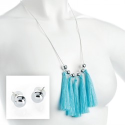 Necklace & Earrings set - Silver colour aqua blue tassel...