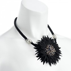 Necklace - Black tone glass bead flower design cord...