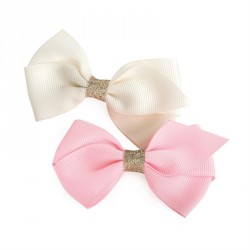Hair bow set - Two piece cream and pink bow with gold...