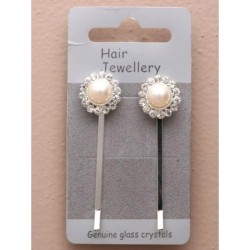Hair Clip Set - Card of 2 rhodium plated 5cm large pearl...
