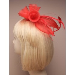 Fascinator Comb - Red coiled mesh flower and feather...