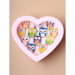 Ring Set - Pink heart shaped display box of 12 enamel owl...