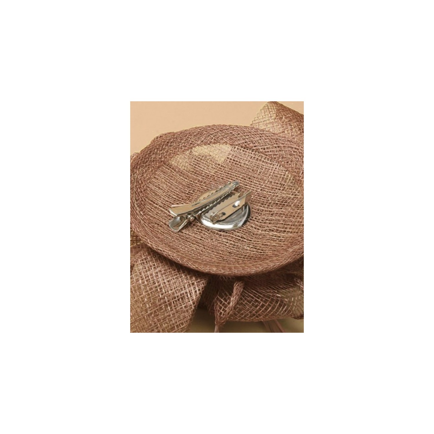 Mocha small looped sinamay and feather fascinator on a round base with clip and brooch pin