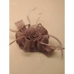 Mocha small looped sinamay and feather fascinator on a round base with clip and brooch pin