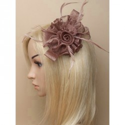 Mocha small looped sinamay and feather fascinator on a round base with clip and brooch pin