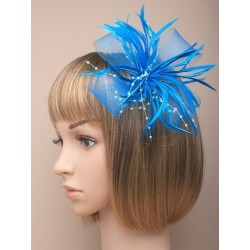 Brooch - Hair Clip - large cyan looped net and feather...
