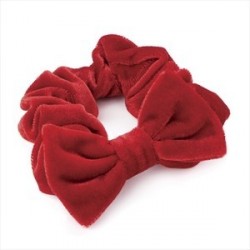 Red velvet effect elasticated hair scrunchie with bow.
