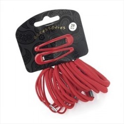 Twenty piece red colour hair snap clip and elastic set.