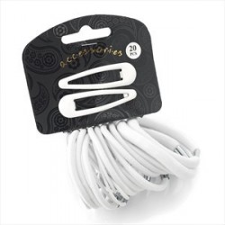 Twenty piece white colour hair snap clip and elastic set.