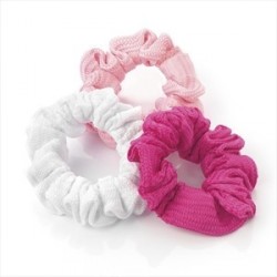 Three piece pink tone elastic hair scrunchie set.