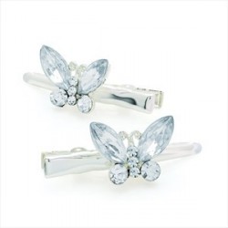 Two piece crystal and bead butterfly design hair clip set.