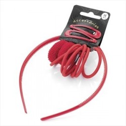 Eleven piece red colour headband, snap clip, ponio and...