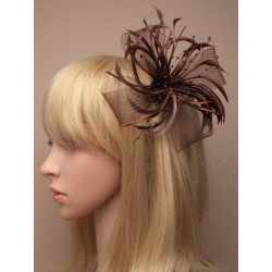 Fascinator Clip & Pin - Chocolate looped net and feather...