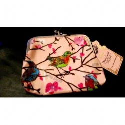 Pink Cute Little Bird Flower Animal Print Oil Cloth Coin...