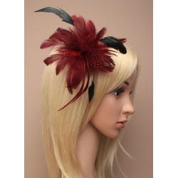 Fascinator Clip & Pin - Burgundy feather fascinator on a...