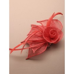 Fascinator Clip & Pin -Coral hessian netted rose...