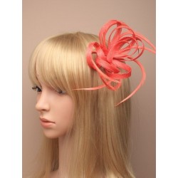 Fascinator Clip - Coral looped hessian net and feather...