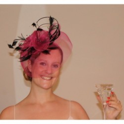 Pink and Black Net Cap Flower and Feather Fascinator...