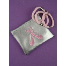 silv metallic purse with ballet shoes motif and 3 pink...