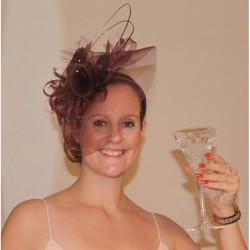 Wine Brown Net Cap Flower and Feather Fascinator Diamante Headband Hair band