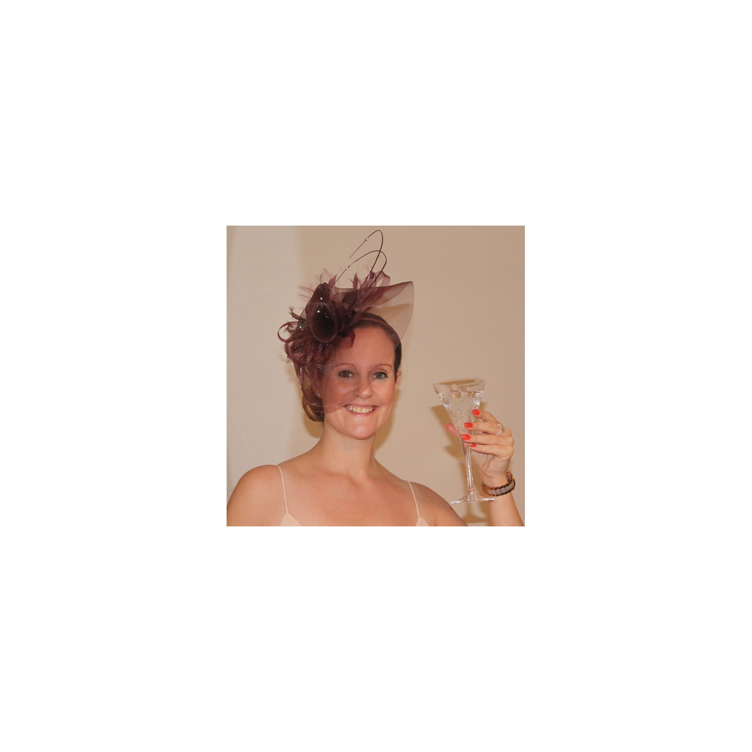 Wine Brown Net Cap Flower and Feather Fascinator Diamante Headband Hair band