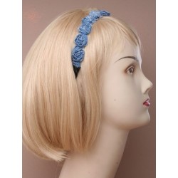 Headband - Denim rosebud row on black elastic stretch...