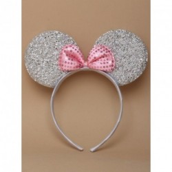 Silver sparkly mouse ears with Pink sequin bow on an...