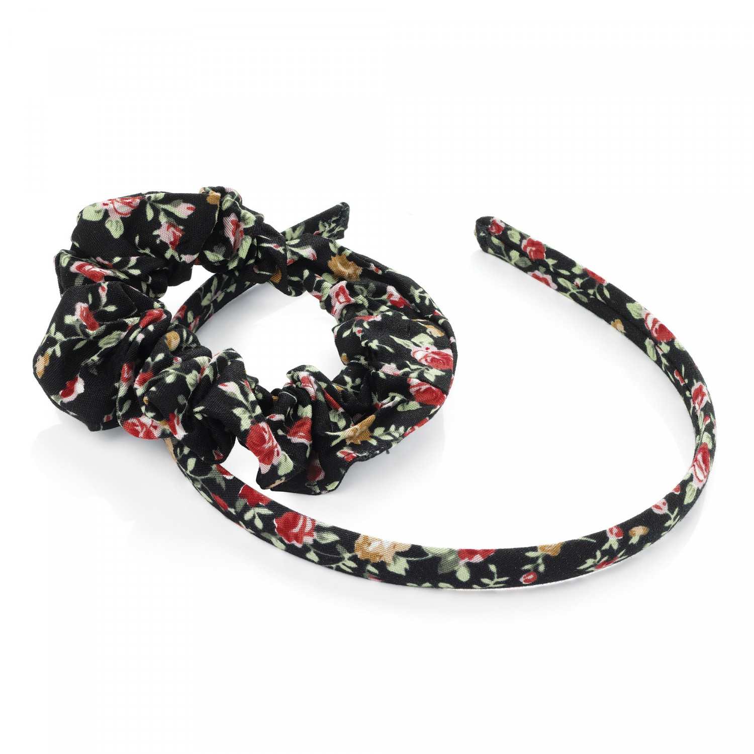 Two piece black colour floral print headband and scrunchie set